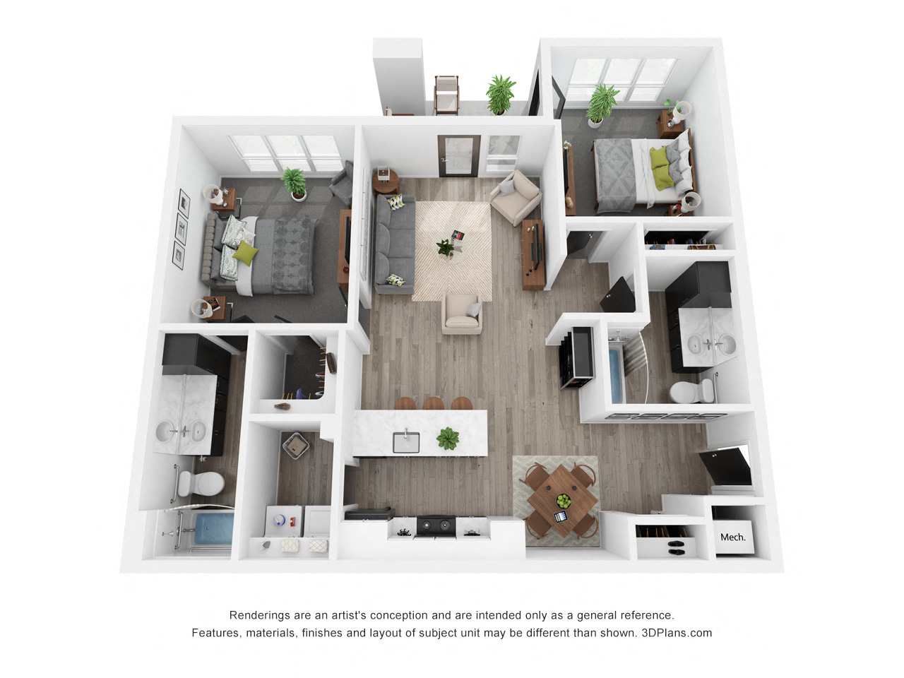 Floor plan for 2 beds, 2 baths, 1117 sqft